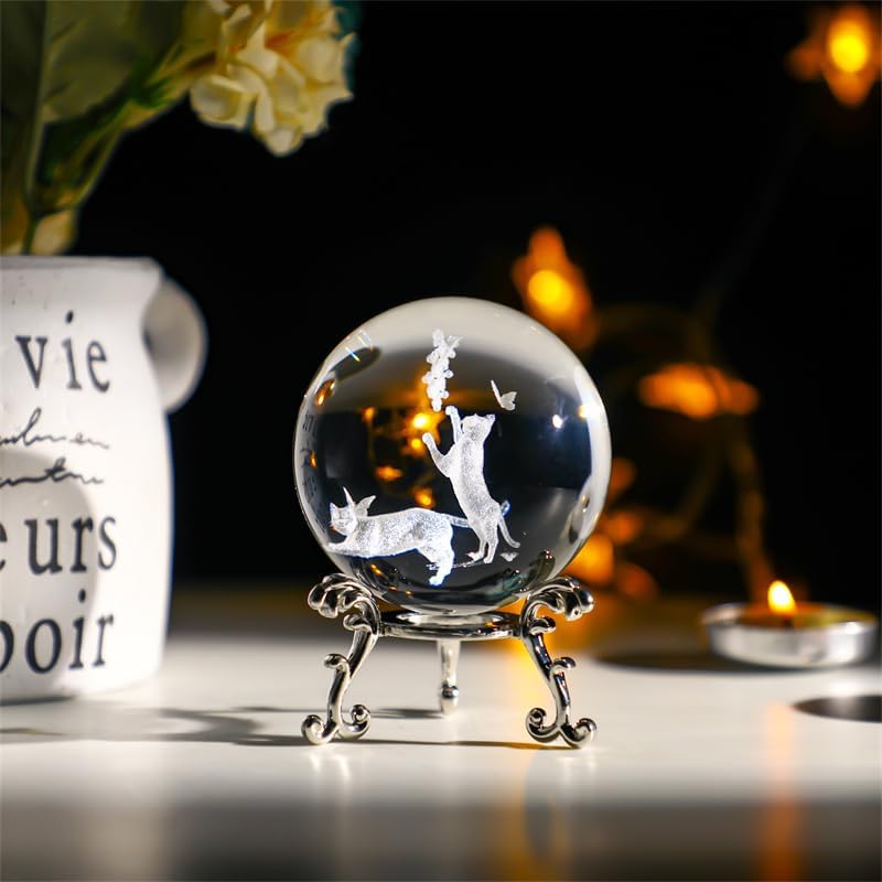 ZEERSHEE 60mm Crystal Ball with Stand - Laser Engraved Cat Sphere 3D Glass Ornament & Paperweight - Gifts for Cat Lovers - Image 4